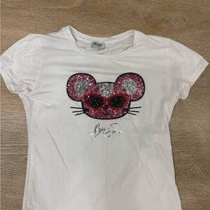 LIU JO Milano Girls White T-Shirt Size S Sequin Mouse Graphic Short Sleeve